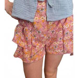 NEW T2LOVE girls' smocked side ruffle shorts in peach floral